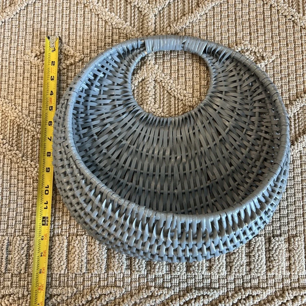 Woven Wicker Pocket Basket Blue Grayish Half Moon Design Vintage Painted